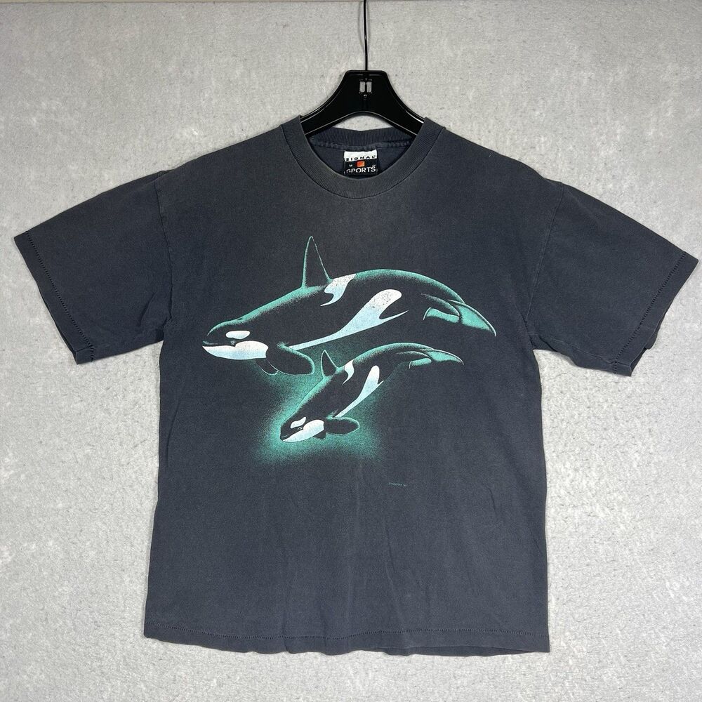 VTG 90’s Alaska Orca Killer Whale Nature Habitat T-shirt Men’s Medium Black Fade